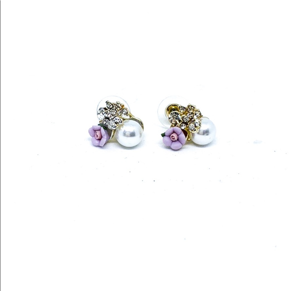 Lavender Floral Faux Pear Gold Rhinestone Earrings